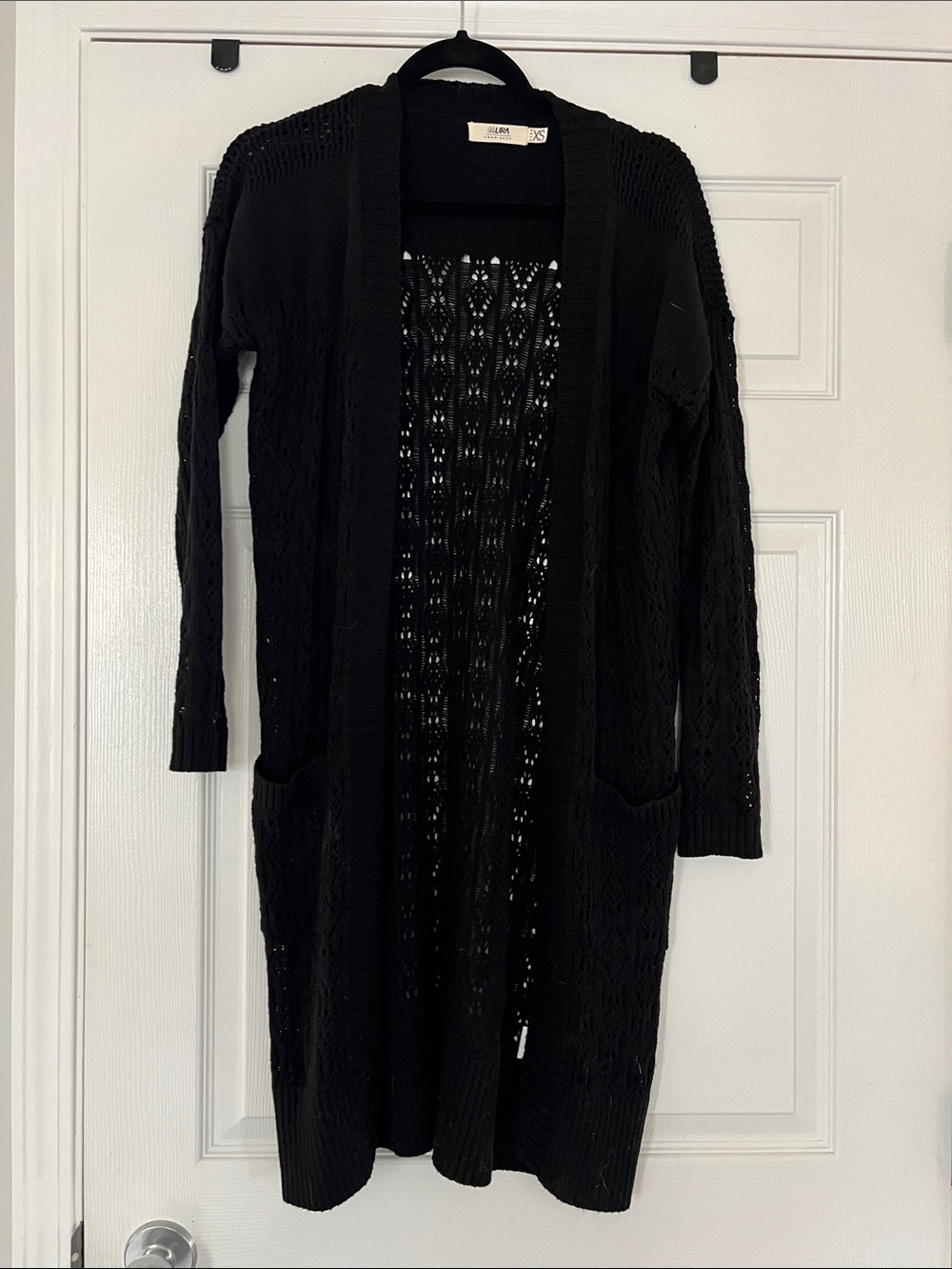 Lira Black Long Open-Front Knit Cardigan with Pockets